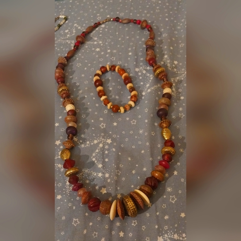 Set of Bohemian Brown/Tan/White/Gold/Red Wooden Beaded Necklace and Bracelet
